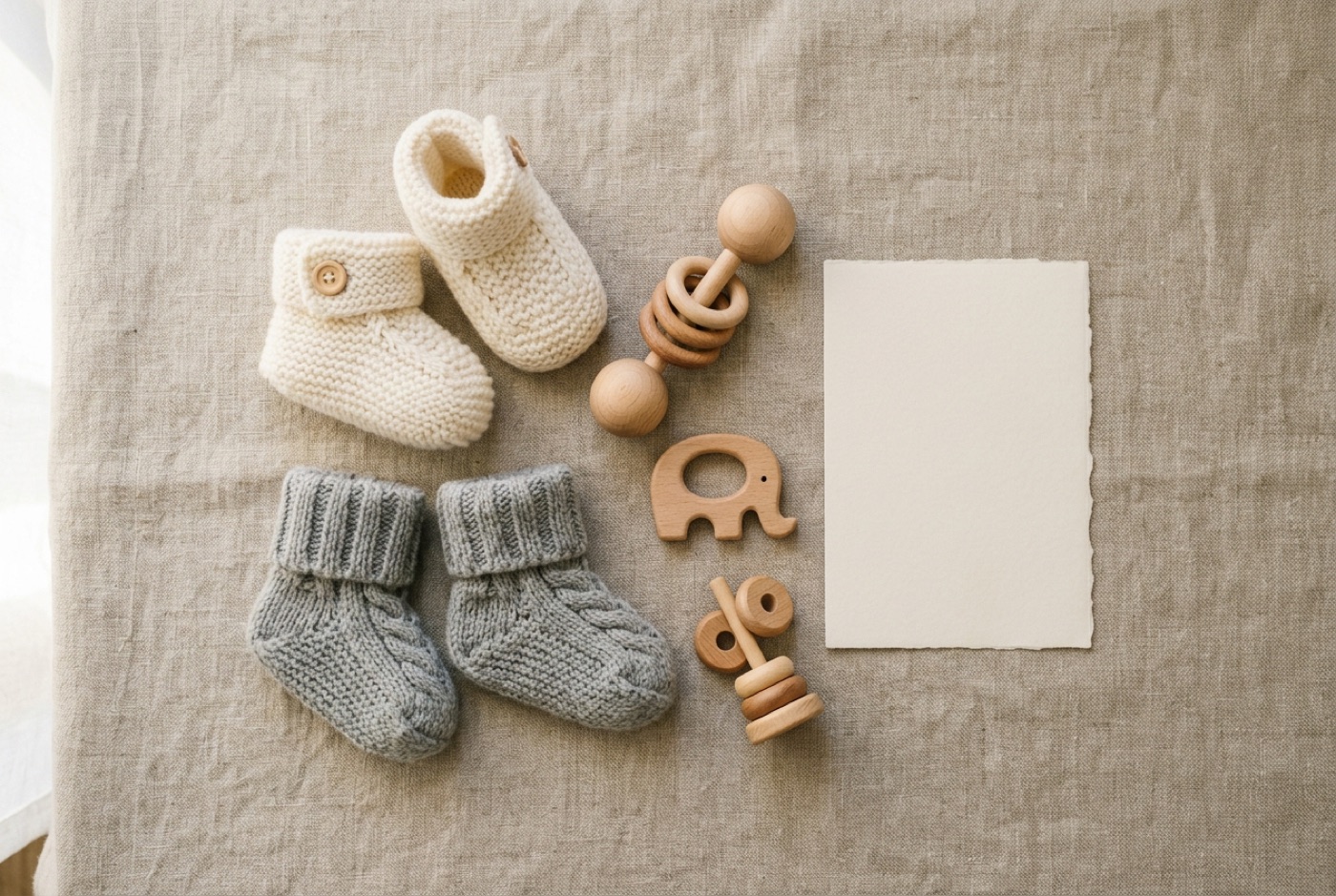 A soft flat-lay of knitted baby booties, wooden toys and a blank name card on linen